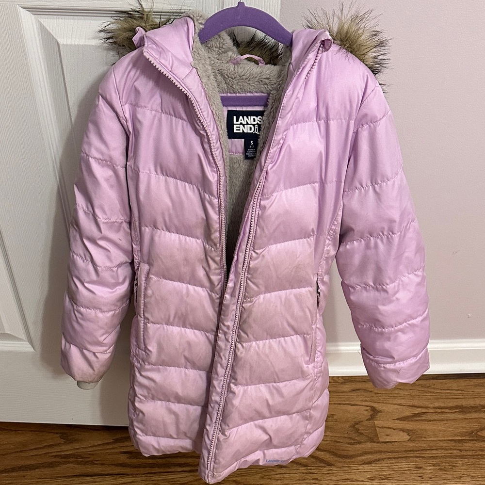 Lands' End Light Pink/Purple Puffer Jacket with Faux Fur Trim